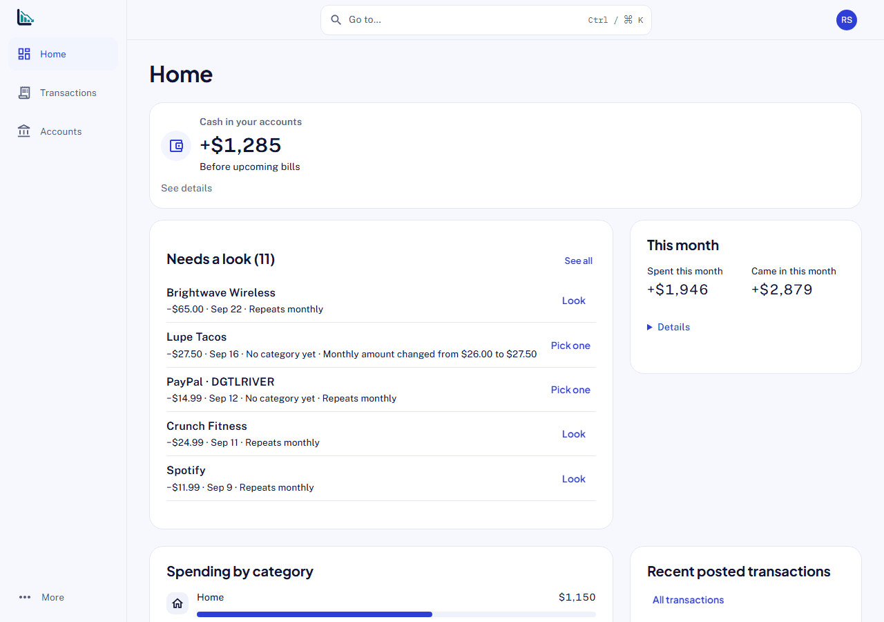 Lessware app Home showing account balances and the Needs a look list
